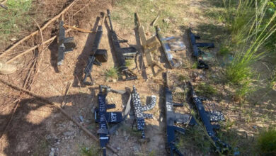 Os fuzis falsos encontrados por policiais em região de mata na Cidade de Deus Polícia Militar / Divulgação